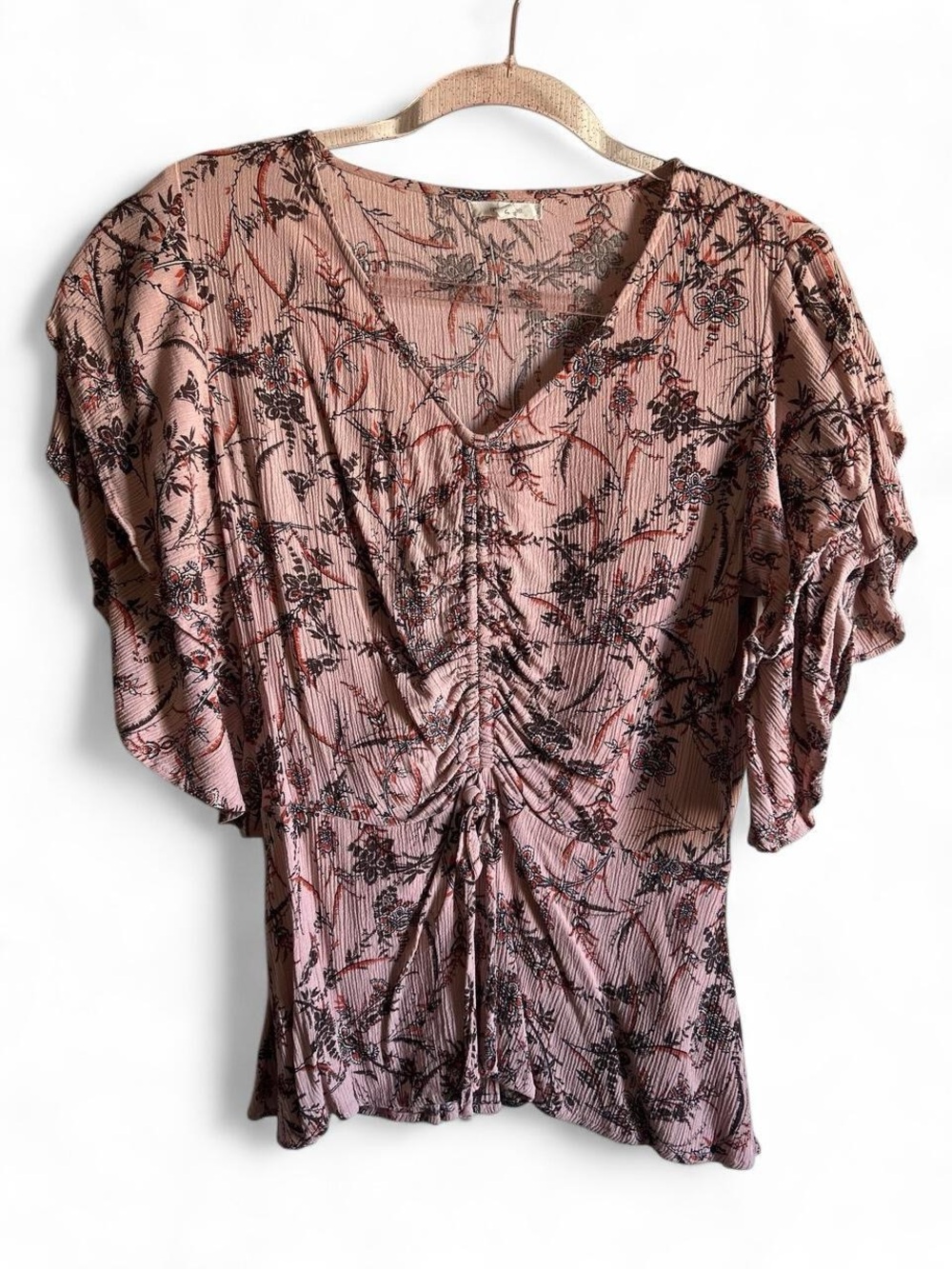 Maurices Floral Ruched V-Neck Flutter Sleeve Top - Dusty Rose size S
